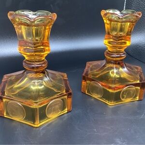 Pair Of Vintage Fostoria Amber Coin Glass Candle Stick Holders